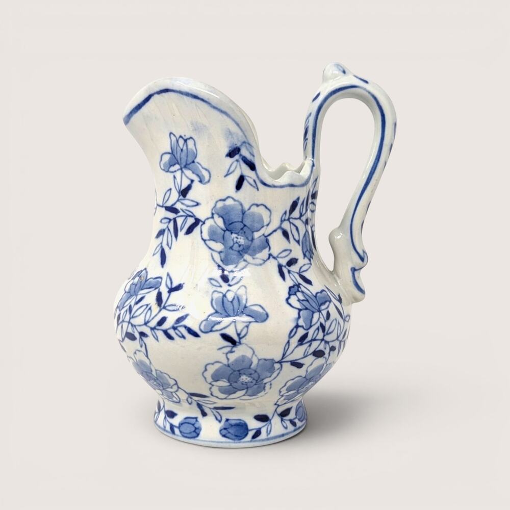 1980s Andrea by Sadek Hand Painted Blue and White Floral Ceramic Pitcher Creamer